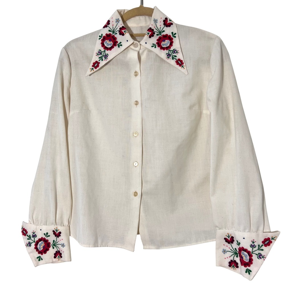 Vintage 70s Top Size M Ivory Embroidered Button Down Western Rockabilly Country - Picture 1 of 7